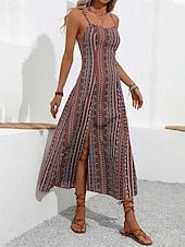 abordables Robe Boho-Femmes Robe Midi Robe Décontractée Robe d&#039;été Robe Nuisette Robe bohème Élégant Mode Moderne Quotidien Plage Week-end Coupe régulière Rayé Sans manches Col en V Rouge Vert Été
