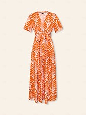 preiswerte Blumenkleider-Damen Midi-Kleid Maxikleid Orange Kurzarm Geometrisch Mit Gürtel Frühling &amp; Sommer V Ausschnitt Musterkleid S M L