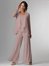 levne Máminy kalhotové kostýmy-Plážový svatební overal  kalhotový oblek 3 kusy Matky nevěsty Formální svatební host Elegantní Plus size Zahrnutý obal Lodní výstřih Délka podlahy Chiffon bez rukávů s krajkou bezplatná velikost na