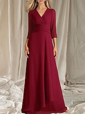 cheap Floor Length-A-Line Mother of the Bride Dress Wedding Guest Elegant V Neck Floor Length Chiffon 3/4 Length Sleeve with Tier Ruching 2025