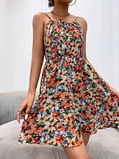 ieftine Rochii florale-Pentru femei Rochie Mini Rochie A line Rochie halter Casual În aer liber Ieșire Plajă Fit regulat Floral Fără manșon Gâtul halter Negru Roz Îmbujorat Bleumarin Portocaliu Vară