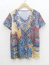 billiga Boho t-shirt-Dam T-shirt Summer Tops Grafisk Geometrisk Klassisk Ledigt Kortärmad V-hals Crop Tops Dagligen Helgen Mönster Regnbåge Sommar Vår Höst