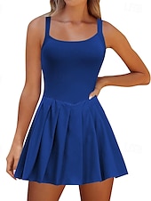 cheap Women&#039;s Tennis Dress-US Open Women&#039;s Tennis Dress with Shorts Sports Dress Sleeveless Pleated Breathable Tennis Golf Pickleball Square Neck Solid Colored Dress Black Blue Dark Green Tennis Clothing