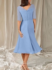 abordables Longueur du thé-Robe Mère de la Mariée A-Line Invité de Mariage Élégante Col Ras du Cou Longueur Thé Chiffon Manches Mi-longues avec Sash  Ruban Robe Midi Froncée