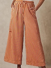 abordables jambe large et taille haute-Femmes Slacks Pantalons Streetwear Occasionnel Longueur complète Naturel Rayé Avec Poches Conception à cordon élastique Confortable Extérieur Rue Sortir Rouge orangé Bleu ciel clair Marine fonc