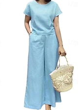 abordables Ensembles-Femmes Mode Streetwear Ensembles en coton et lin Ensembles deux pièces Ensembles de Pantalons Manche Courte Col ras du cou Uni Tenue quotidienne Date Jaune Bleu Marron Été Coupe régulière