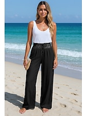 economico Pantaloni in lino e cotone semplici-Per donna Gamba larga Pantaloni in cotone e lino Comfort Lunghezza intera Vita Alta Semplice Tasca Fascia Elastica Comodo All&#039;aperto Confortevole Abbigliamento quotidiano Nero Bianco Vino Verde Estate
