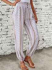 preiswerte weites Bein und hohe Taille-Damen Jogginghose Hosen Hose Urlaub Boho Volle Länge Mittlere Taille Geometrisch Elastischer Bund Atmungsaktiv Bequem Mikroelastisch Straße Alltagskleidung Ausgehen Dunkelbraun Weiß Rot Dunkelgrün