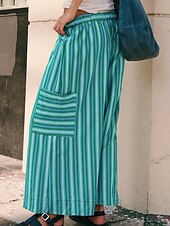 abordables jambe large et taille haute-Femmes Slacks Pantalons Streetwear Occasionnel Longueur complète Naturel Rayé Avec Poches Conception à cordon élastique Confortable Extérieur Rue Sortir Rouge orangé Bleu ciel clair Marine fonc
