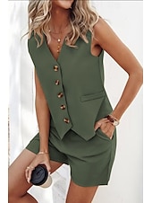 abordables Ensembles chemisiers pour femmes-Femmes Actif Streetwear Chemisier Ensembles de Shorts Sans manches Col en V Couleur Unie Dubbele Rij Knopen Décontracté Quotidien Noir Vert Véronèse Bleu Été Coupe régulière