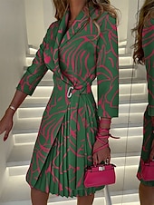 cheap Stripe&amp;Geometric Dress-Women&#039;s Mini Dress Wrap Dress A Line Dress Casual Outdoor Going out Standard Fit Graphic Color Block 3/4 Length Sleeve Turndown Black Fuchsia Orange Green Summer Spring