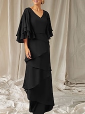 economico Lunghezza del pavimento-Abito Due Pezzi A-Line Madre della Sposa Ospite Matrimonio Elegante Inclusa Fascia V Collo Lunghezza del Pavimento Chiffon Manica Mezza Fascia Inclusa con Volant