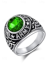 cheap Men&#039;s Jewelry-Men&#039;s Vintage Army Ring with Emerald Green Gemstone – Antique Silver Military Style Statement Ring for Veterans and Collectors