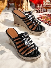 preiswerte Urlaubsandalen-Damen-Keilsandalen mit Plateau und Riemchen in Regenbogen-Metallic, perfekt für Strandpartys und Sommerferien