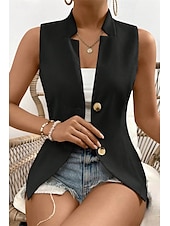 billige Enkel tank topp-Dame linskjorte Bluse Bomull lin vest عادي Fritid Ermeløs V-hals Vanlige topper Daglig Ut på byen Knapper Svart Hvit Champagne Sommer