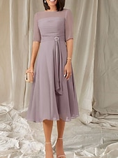 abordables Longueur du thé-Robe Mère de la Mariée A-Line Invité de Mariage Élégante Col Ras du Cou Longueur Thé Chiffon Manches Mi-longues avec Sash  Ruban Robe Midi Froncée
