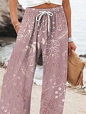 abordables jambe large et taille haute-Femmes Jambe large Chinos Pantalons Amples Vacances ancien Mode Longueur complète Taille haute Fleuri Graphique Impression Micro-Élastique Formel Vacances Rue Rose Été Printemps Coupe Ample