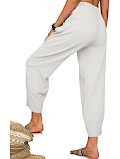 baratos Calça de linho de algodão simples-Mulheres Calças de linho de algodão Calças Roupa de rua Casual Comprimento total Natural Tecido Bolsos Cintura elástica Confortável Para Noite Final de semana Vinho Cinzento Preto Branco Verão Normal