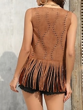 billige Boho topper-Dame Bluse عادي Moderne Fritid Ermeløs V-hals Vanlige topper Daglig Ferie Ut på byen Frynser Svart Brun Kakifarget Sommer
