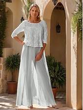 cheap Mom&#039;s Pant Suits-Two Piece Jumpsuit / Pantsuit Mother of the Bride Dress Elegant Simple Minimalist Crew Neck Floor Length Chiffon Half Sleeve with Lace