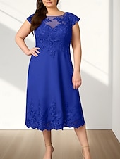abordables Longueur du thé-Robe Mère de la Mariée A-Line Invité de Mariage Élégante Col Ronde Mi-Longue en Chiffon À Manches Courtes avec Appliques Robe Midi 2025