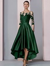 ieftine Lungimea ceaiului-Rochie A-Line pentru mama miresei Rochie elegantă pentru invitați în stil înalt și jos gât rotund asimetrică lungime ceai din satin dantelă mânecă 3/4 cu pliseuri broderie 2025 mărime personalizată