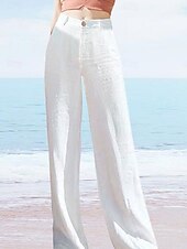 cheap Plain Cotton Linen Pant-Women&#039;s Wide Leg Baggy Pants Solid Color Fashion Basic Full Length High Waist Plain Pocket Comfort Outdoor Micro-elastic Vacation Street Daily Deep Green Black White Summer Spring Regular Fit