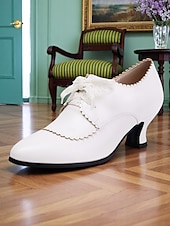 abordables années 1930-Chaussures Oxford victoriennes blanches à lacets et talon chaton pour femmes – Design festonné vintage des années 1920 avec nœud en dentelle pour des mariages élégants, des goûters et des looks d&#039;inspiration rétro