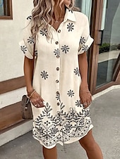 preiswerte Blumenkleid-Damen Minikleid Shiftkleid Sommerkleid Lässig Täglich Normale Passform Blumen Grafik Kurzarm Revers Beige Sommer