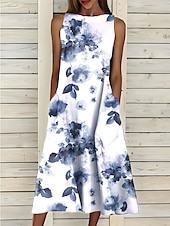 preiswerte Blumenkleid-Damen Midikleid Sommerkleid A Linie Kleid Elegant Urlaub Lässig Normale Passform Blumen Grafik Ärmellos Rundhalsausschnitt Hellrosa Weiß Rosa Blau Sommer