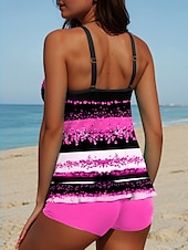 billiga Tankinis-Kvinno Baddräkter Tankini 2 Delar Shorts Baddräkt Rygglöst Semester Strand Kläder Grafisk Geometrisk U-Hals Ärmlösa Badkläder