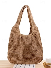 voordelige Handtas &amp; Draagtassen-dames handgemaakte geweven stro schoudertas - grote boho strandtas voor zomerreizen, vakantie en casual outfits bruin beige
