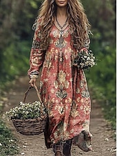 tanie Sukienki boho-Damskie Sukienka maxi Sukienka letnia Plisowana sukienka Urlop Codzienny Boho Wyjściowe Plaża Luźny / a Graficzny W Tureckie Wzory Długi rękaw W serek Głęboka zieleń Czarny Czerwony Niebieski Lato