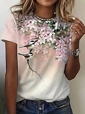 abordables T-shirt Animaux-Femmes T-shirt Fleuri Graphique Oiseau ancien Élégant Classique Manche Courte Col ras du cou Hauts Réguliers Quotidien Week-end Imprimé Rose Claire Vert Été Printemps