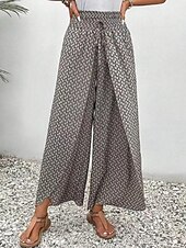 economico gamba larga e vita alta-Pantaloni Baggy in cotone e lino da donna Chinos a gamba larga Vacanza Moda Streetwear Lunghezza intera Vita alta Geometrico Tasca Elastico Comodi Morbidi Confortevoli Micro-elastico Esterno Vacanza