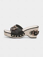 cheap Vacation Sandals-Women&#039;s White Buckle Wedge Sandals – Retro Studded Platform Slide Shoes for Beach, Cruise &amp; Daily Wear