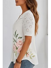 preiswerte Blusen-Damen Hemd Knopfleiste Blumen Stilvoll Modern Kurzarm V Ausschnitt Normale Oberteile Täglich Ferien Patchwork Knöpfe Druck Weiß Sommer