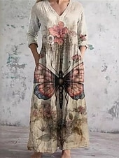 billiga Bohemklänningar-Dam Långklänning Maxiklänning Vardagsklänning Boho-klänning Elegant Mode Romantisk Utomhus Semester Helgdag Normal Fjäril Långärmad V-hals Kaki Sommar Vår