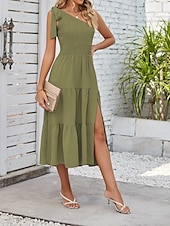 abordables Robes-Femmes Robe Midi Robe Blanche Robe en coton et lin Mode Moderne Extérieur Vacances Anniversaire Coupe régulière Uni Sans manches Une Épaule Rose Claire Noir Blanche Vert Véronèse Été