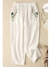 abordables Fondos Falsos Esenciales-Mujer Algodón Compuesto Lino de algodón sintético pantalones Pantalones de verano Ropa de calle Casual Hasta el Tobillo Cintura Media Floral Bordado Bolsillo Cintura elástica Confortable Cómodo