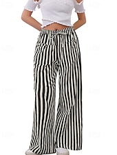 voordelige wijde pijpen en hoge taille-Dames broek Broeken Casual Volledige lengte Natuurlijk Gestreept Zak Elastisch ontwerp met trekkoord Comfortabel Voor buiten Uitgaan Weekend Rood Perzik Pauw Blauw Hyacinth Zwart Zomer Normale pasvorm