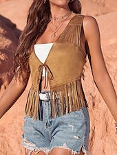 billige Boho topper-Dame Bluse عادي Fritid Ermeløs V-hals Vanlige topper Ferie Ut på byen Frynser Lysebrun Sommer