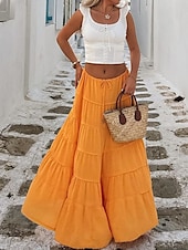 abordables Jupes unies-Jupe Femme Jupe Maxi A-Line Couleur Unie Mode Décontractée Maxi Taille Haute Jupes Unies Poche Impression Micro-Élastique Rue Quotidienne Noir Blanc Orange Vert Été Mélange Polyester Coton