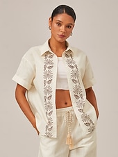 economico Bluse e camicie-camicia in lino stampato con polsini arrotolati