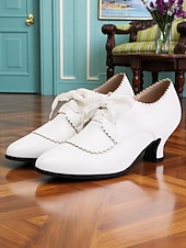 abordables années 1930-Chaussures Oxford victoriennes blanches à lacets et talon chaton pour femmes – Design festonné vintage des années 1920 avec nœud en dentelle pour des mariages élégants, des goûters et des looks d&#039;inspiration rétro