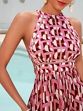 preiswerte Blumenkleider-Damen Resortkleidung Maxikleid Rosa Ärmellos Geometrisch Spitzenbesatz Frühling &amp; Sommer Neckholder Elegant Strandurlaub S M L