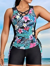 baratos Tankinis-Mulheres Roupa de Banho 2 partes Calção roupa de banho Com Cordão Férias Roupa de Praia Gráfico Flor Decote U Sem Manga Fatos de banho