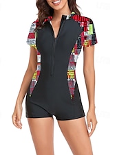 abordables Maillots de bain une pièce-Femmes Maillots de Bain Une Pièce Maillot de bain Zip Up Patchwork Tropical Tenues de plage Fleur Col rond Manches courtes Maillots de bain