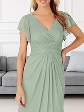 cheap Wedding Guest Dresses-A-Line Wedding Guest Dresses Elegant Dress Wedding Guest Engagement Tea Length Short Sleeve V Neck Chiffon with Pleats Ruched