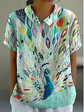 cheap Women&#039;s Floral Tops-Women&#039;s Shirt Floral Bohemia Vintage Tropical Long Sleeve Shirt Collar Regular Tops Daily Buttons Print Denim Blue Yellow Pink Sky Blue Green Summer Spring
